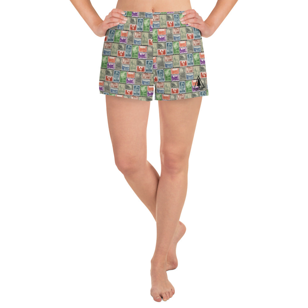 National Park Vintage Postage Stamp Women’s Recycled Athletic Shorts